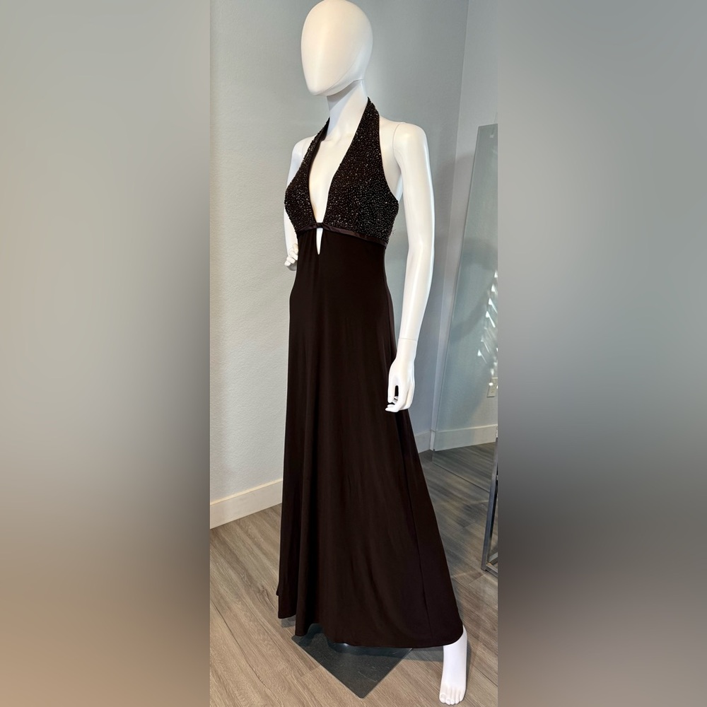 Xscape by Joanna Chen Brown Beaded Halter Neck Maxi Dress 6